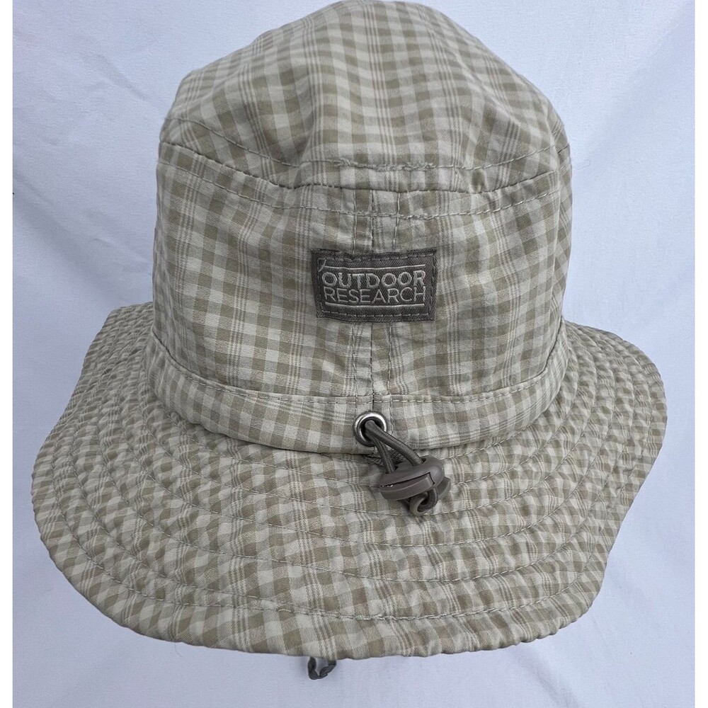 Outdoor Research Kids Tan Gingham Plaid Sun Bucket Hat Sz M 3-6Y Adjustable UPF
